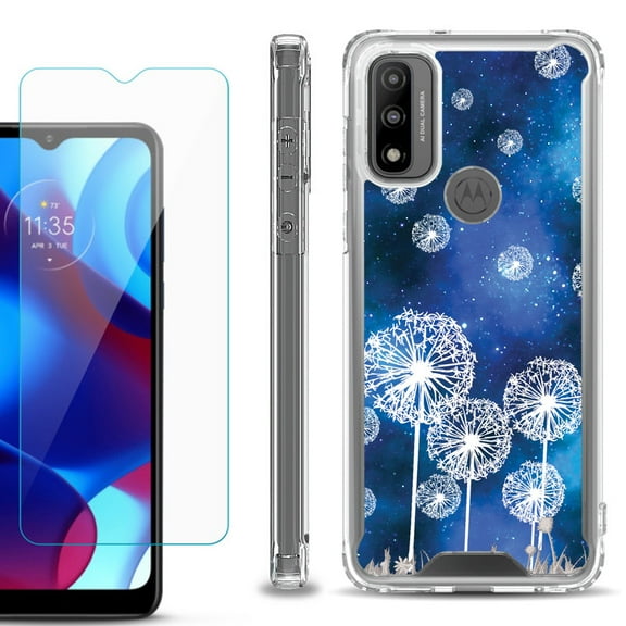 Shockproof Bumper Phone Case for Motorola Moto G Pure, with Tempered Glass Screen Protector, by OneToughShield ® - Dandelion Stars