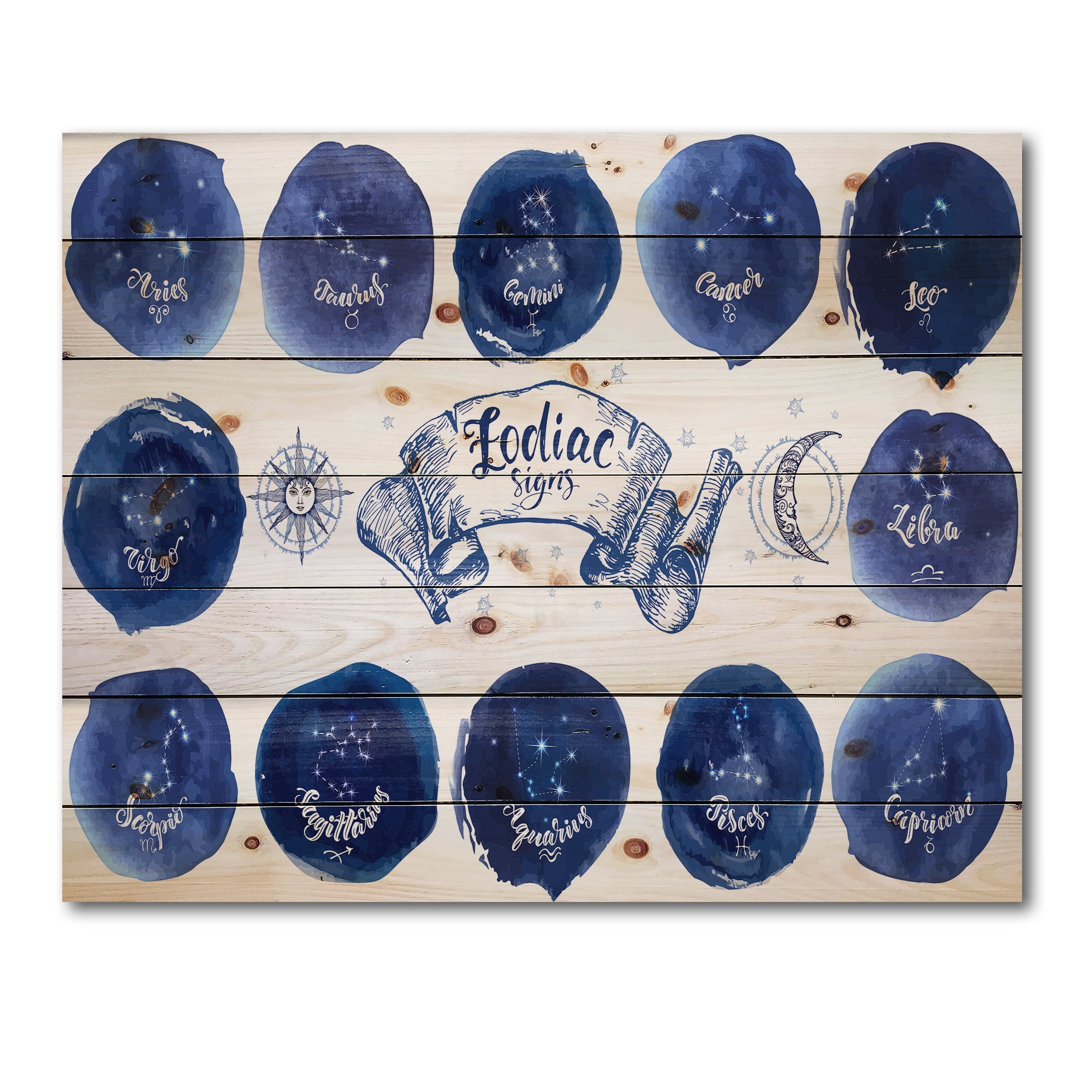 Designart 'Collection of Astrology Signs On Blue Circles' Modern Print on Natural Pine Wood