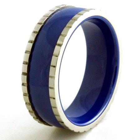 - Stainless Steel Ceramic Royal Blue Grooved Edge Wedding Band Ring