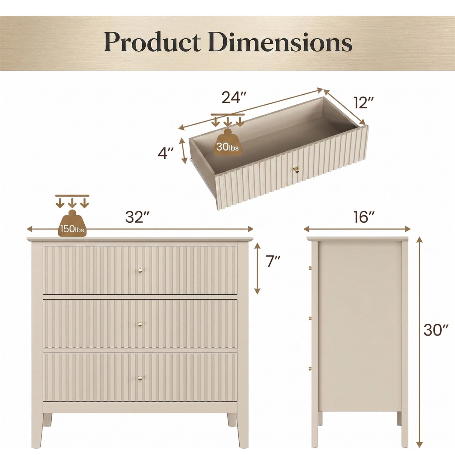 Hommoo 32"W Wooden Fluted 3-Drawer Nightstand, Large Modern Bedroom End Table, Beige