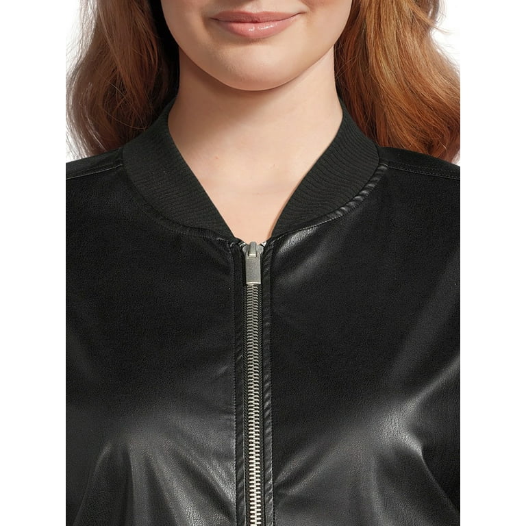 Women's Rib Knit Cuffs Bomer Biker Jacket -  Black / Real Leather / S