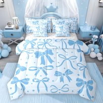 Feelyou Blue Vintage Bow Bedding Comforter Set 7pcs, Princess Ribbon King Bedding Sets