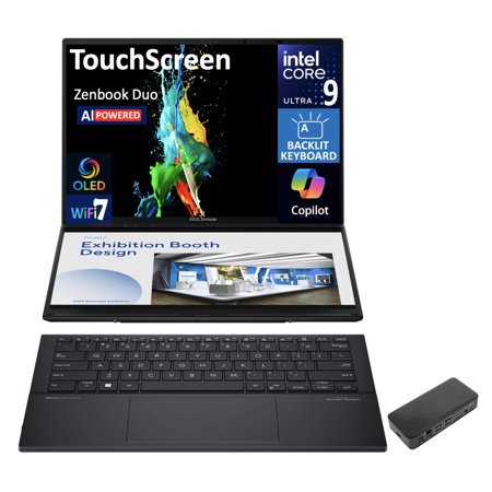 ASUS Zenbook DUO AI Powered 2-in-1 Laptop 14.0in Touchscreen OLED WUXGA Display (Intel Ultra 9-285H, 32GB LPDDR5X, 4TB PCIe SSD, Backlit KB, 2 Thunderbolt 4, WiFi 7, Webcam, Win 11 Pro) w/USB-C Dock