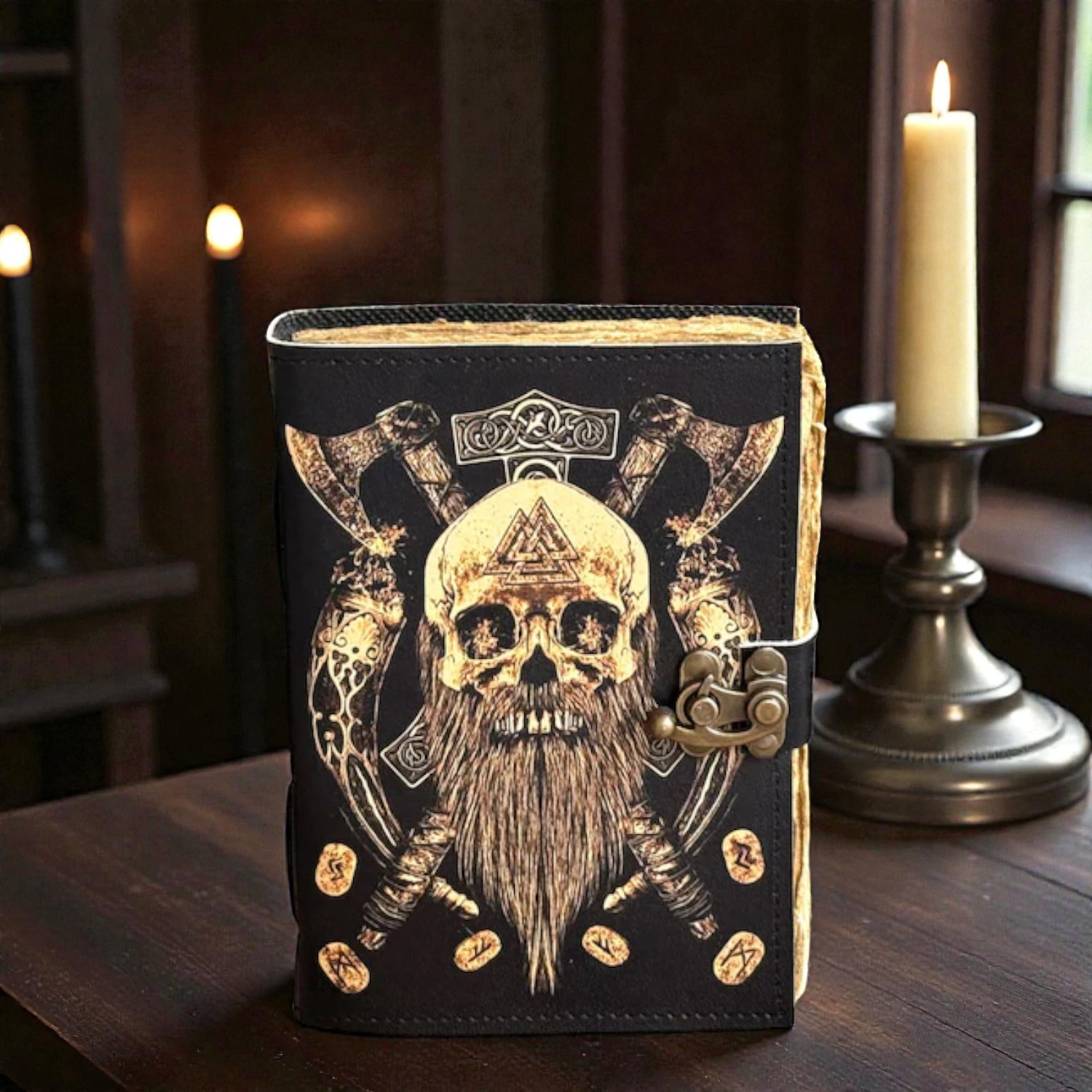 Handmade Viking Leather Journal 5x7 Inches – Warrior Skull Notebook with Axes & Runes, 200 Deckle-Edge Pages, Vintage Lock, Rustic Medieval Diary