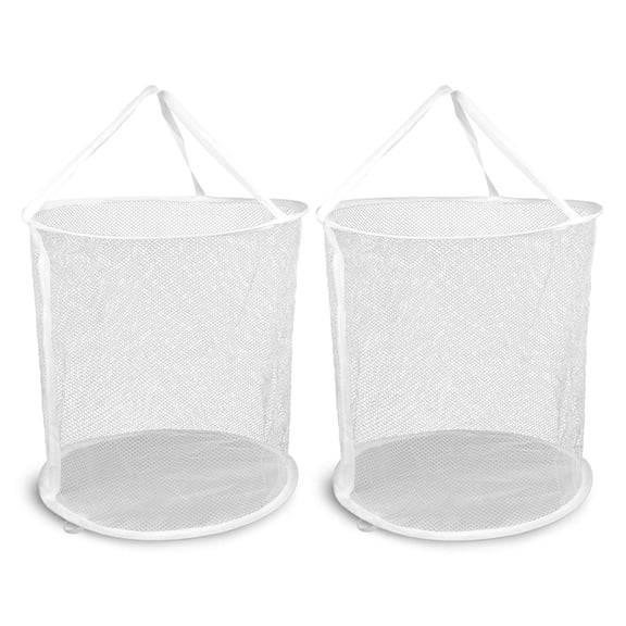 2 Pieces Collapsible Mesh Laundry Basket, Hanging Pop up Laundry Hamper with Handles and Wide Opening, Round Foldable Clothes Hamper for Bathroom Bedroom Dorm Travel Storage, White