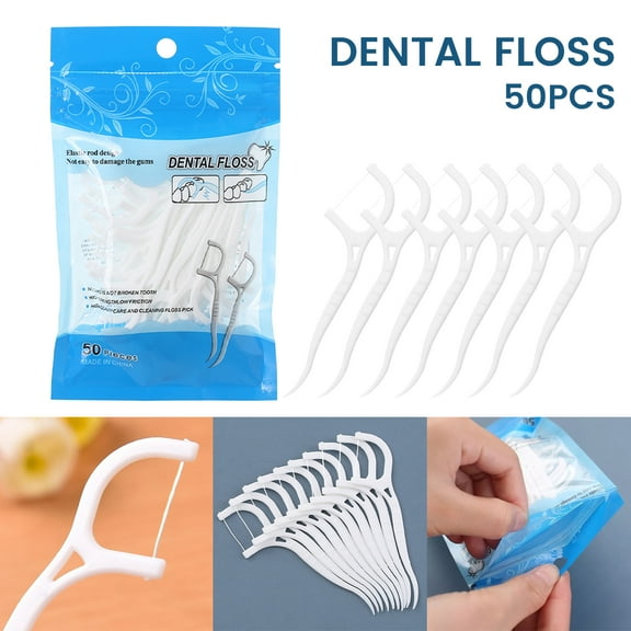 HOTBEST 50Pcs Dental Floss Picks Disposable Dental Floss Sticks with Non-Slip Handle Toothpick Floss Picks Oral Teeth Cleaning Care