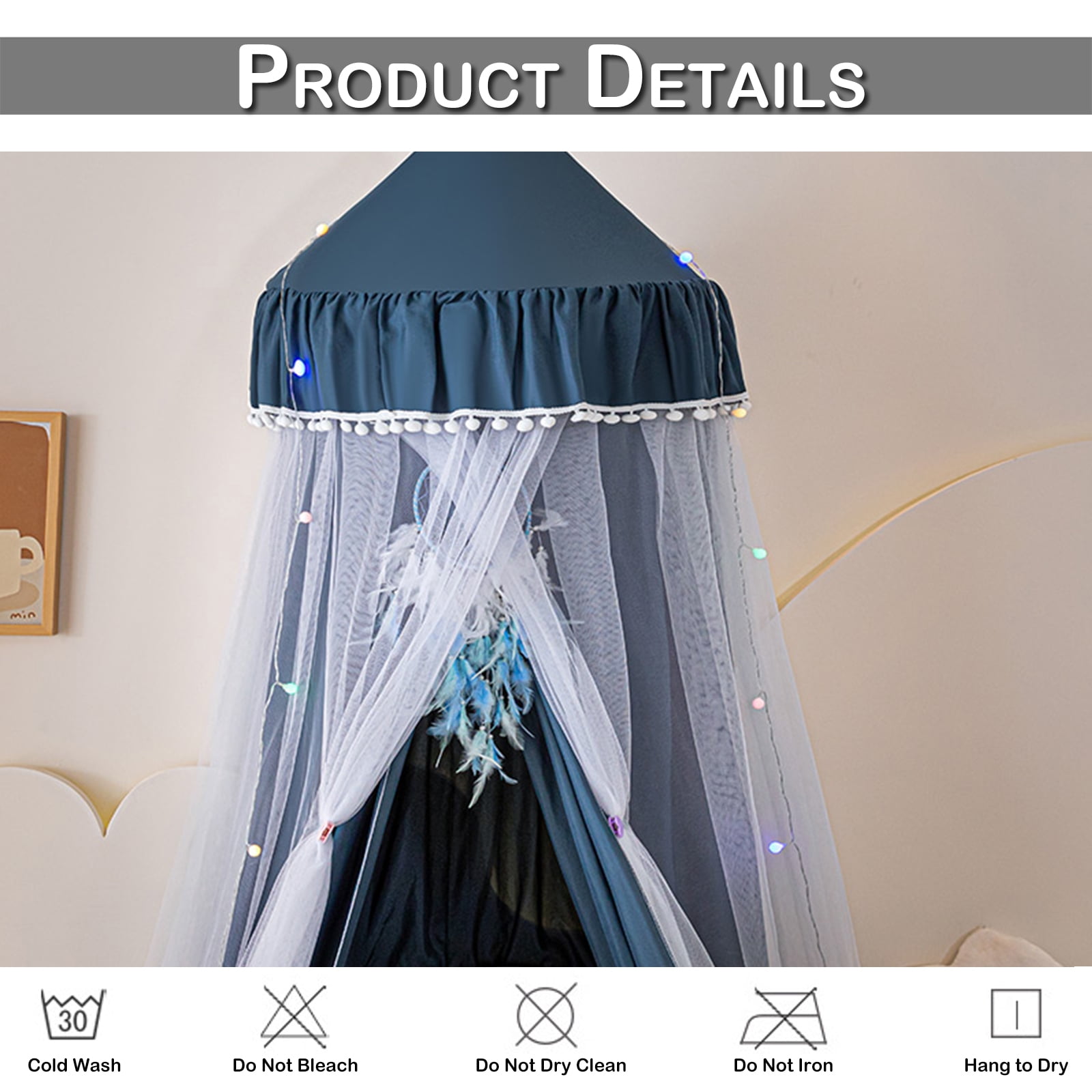 Qelus Bed Canopy for Kids' Bed, Double Layer Canopy Bed Curtains Pompom Ceiling-Mounted Mosquito Net Foldable Prince Princess Cute Tent for Children Reading Nook