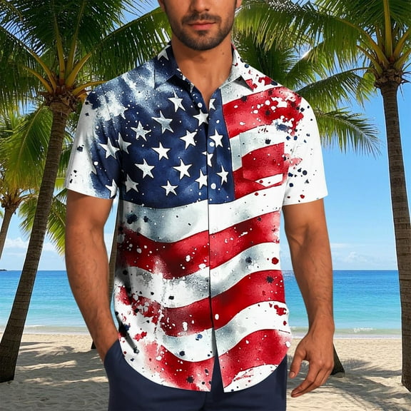 WAENQINLA 4th of July Shirts for Men American Flag USA Flag Hawaiian Shirts Big and Tall USA Short Sleeve Button up Shirt
