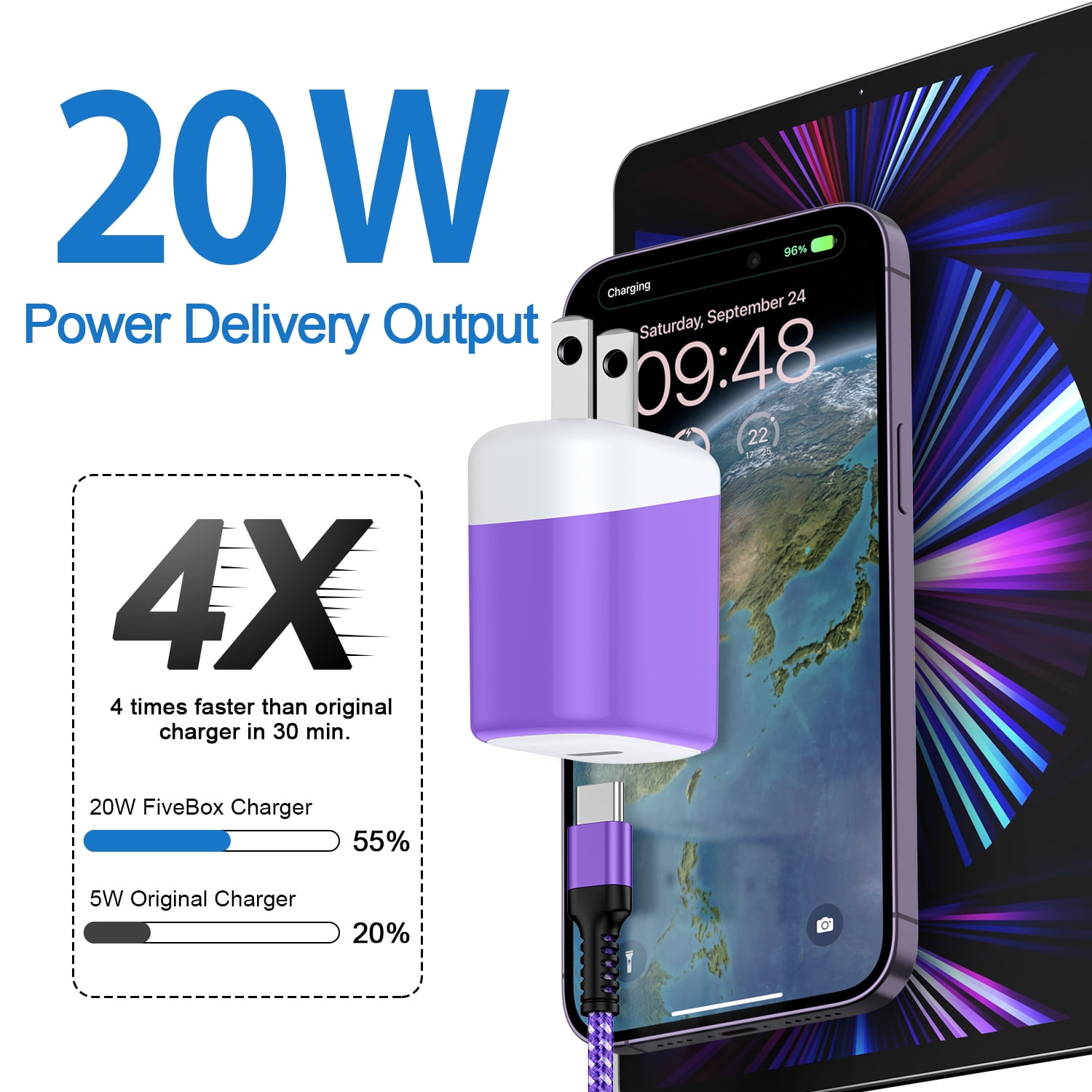 Compatible for iPhone Charger Fast Charging, 3 Pack 20W PD USB C Charger Block+USB C to Charging Cord 6FT, Type C Wall Charger Adapter USB C Brick Phone Charging Cord Compatible for iPhone, Purple