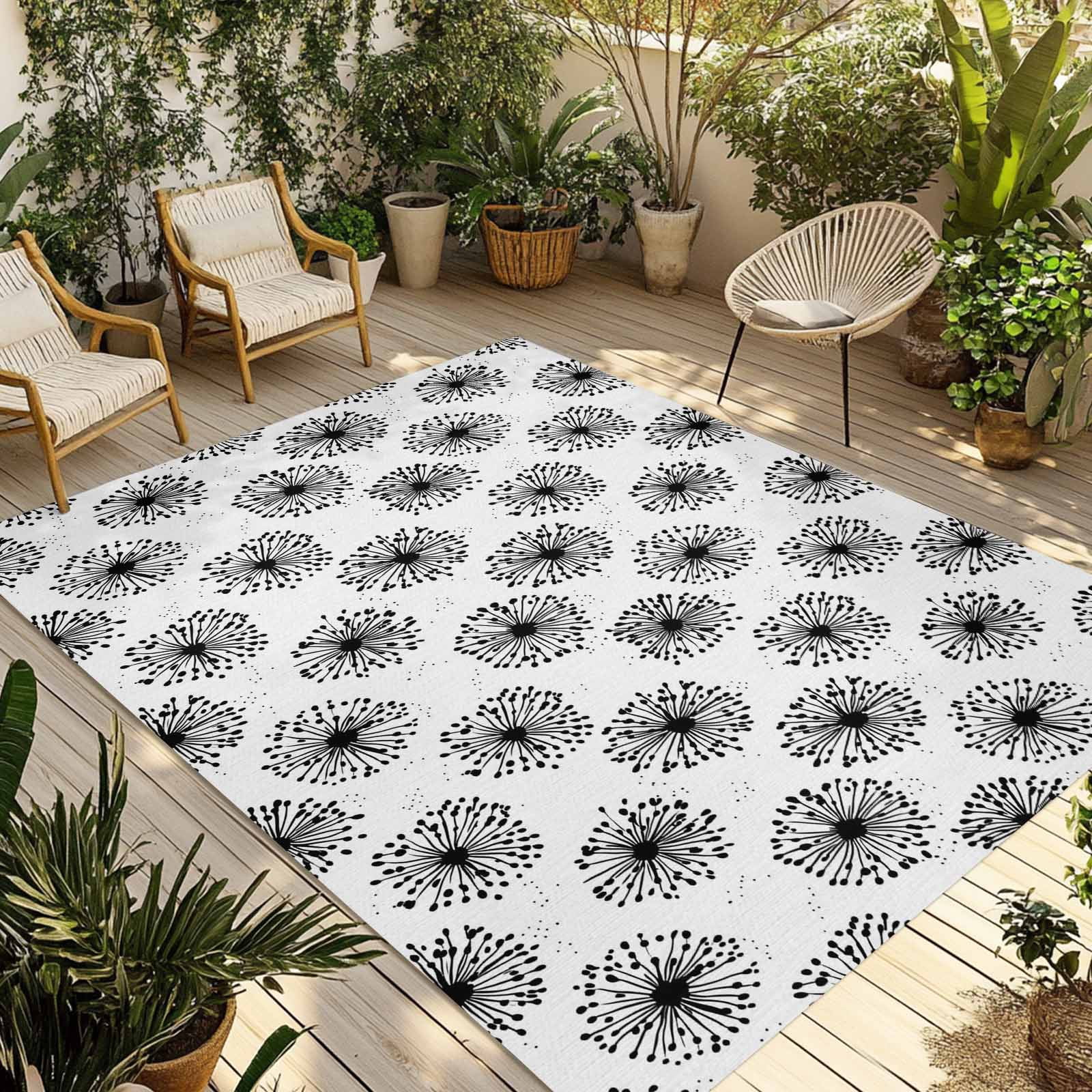 Outdoor Rug 3x5 ft White Dandelion Outdoor Large Area Rug Non Slip Rubber Pastoral Plant Front Door Mat RV Rug Camping Carpet Patio Outdoor Rugs for Backyard Balcony Deck Porch Indoor