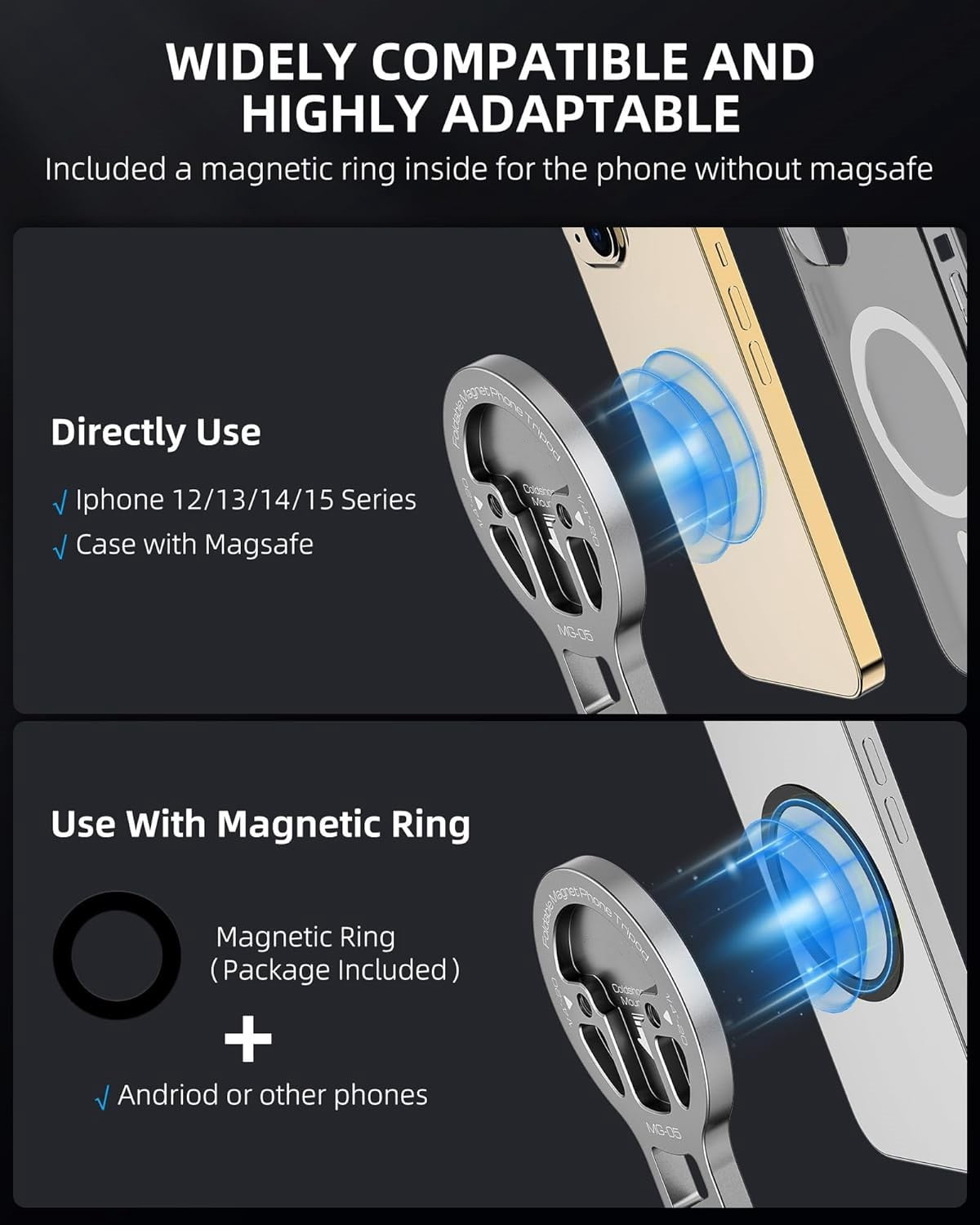 Hand-free Magnetic Pocket Phone Tripod Foldable Compatible with Magsafe for iPhone 16/15/14/13/12 Plus Pro Max Series, Upgrade Mini Cell Phone Tripod Mount Handle Smartphone Desk Stand Travel