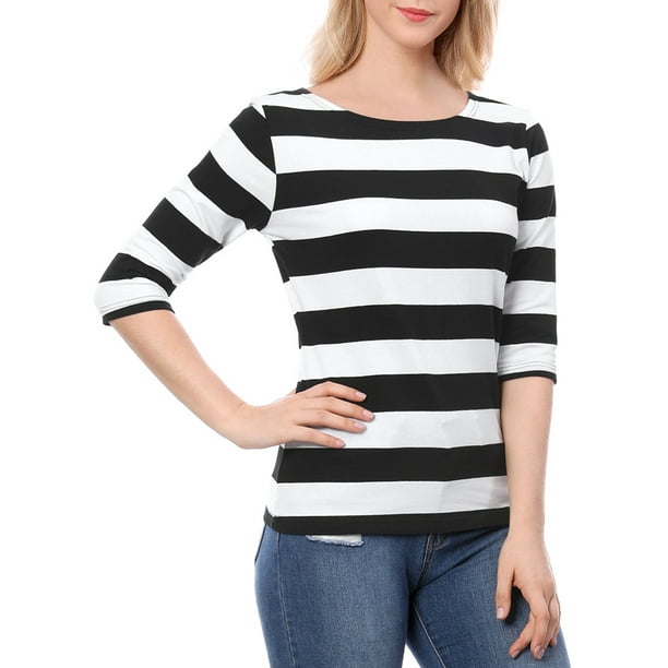 Camisetas de rayas para mujer Inspire Chic, corte ajustado, mangas de codo, cuello barco, talla XS, negro y blanco