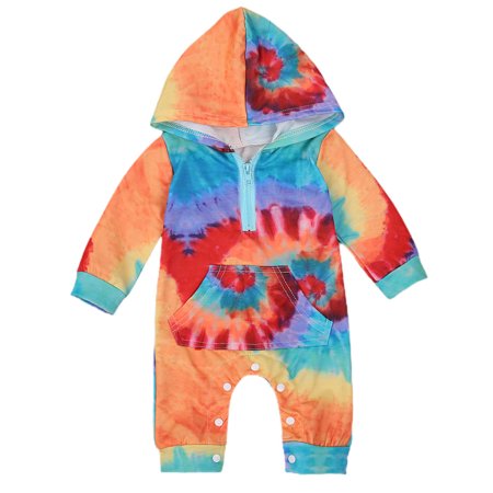 

Pudcoco Baby Hooded Romper Tie-dye Pattern Zipper Pocket Ribbed Playsuits