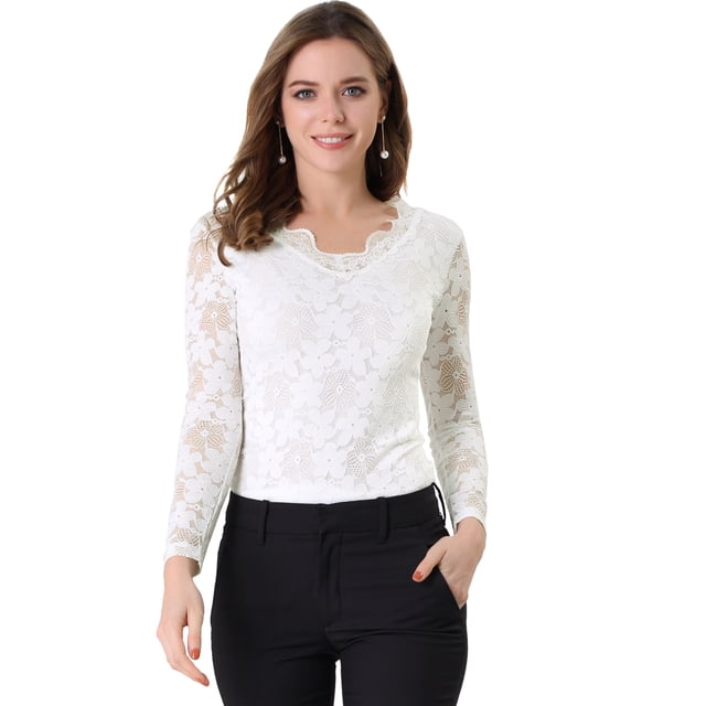 Blusa de encaje Allegra K con bordado floral blanco L para mujer