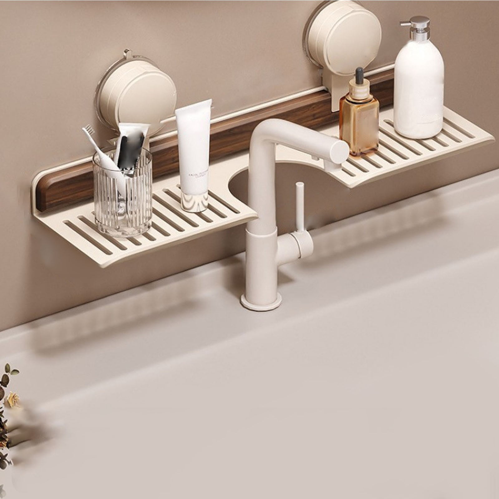 Over-Faucet Suction Cup Shelf, Walnut Wood Bathroom Kitchen Organizer, No Drill Removable Storage Rack for Soap Sponge, Small Spaces & Rvs, A Bathroom And Kitchen Suction Cup Rack