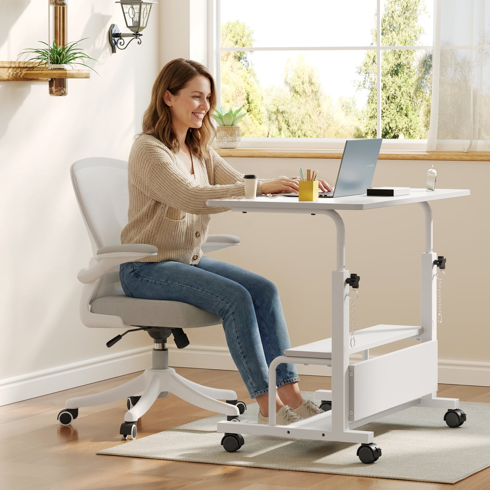 edx Height Adjustable Desk Standing Desk Small Desk for Small Spaces, Mobile Rolling Computer Desk on Wheels, Portable Desks Study Table for Home Office,White