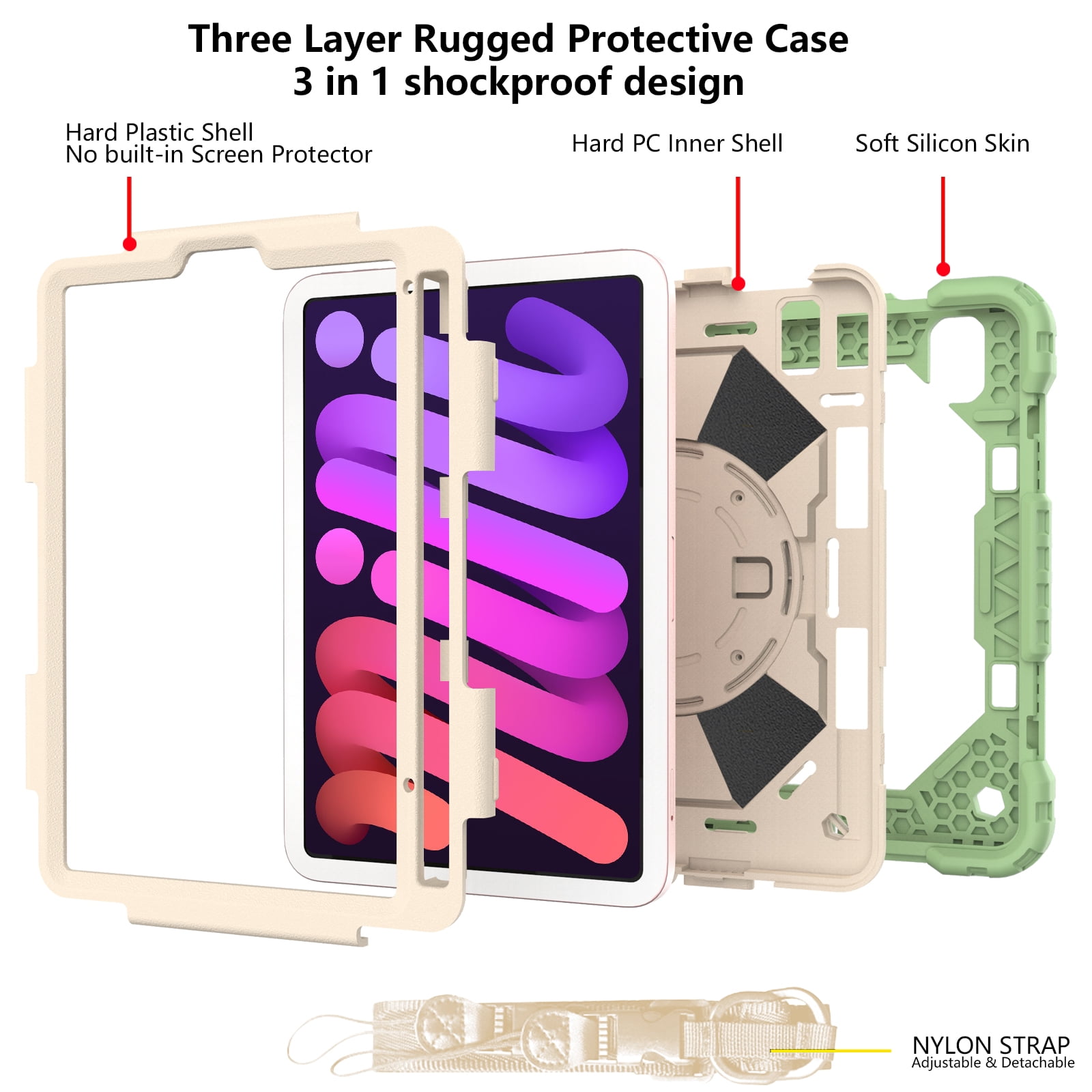 Case for iPad Mini 6 2021 8.3-inch, Kids Shockproof Rugged Hybrid 360 Rotating Stand Cover with Hand Shoulder Strap/Pencil Holder