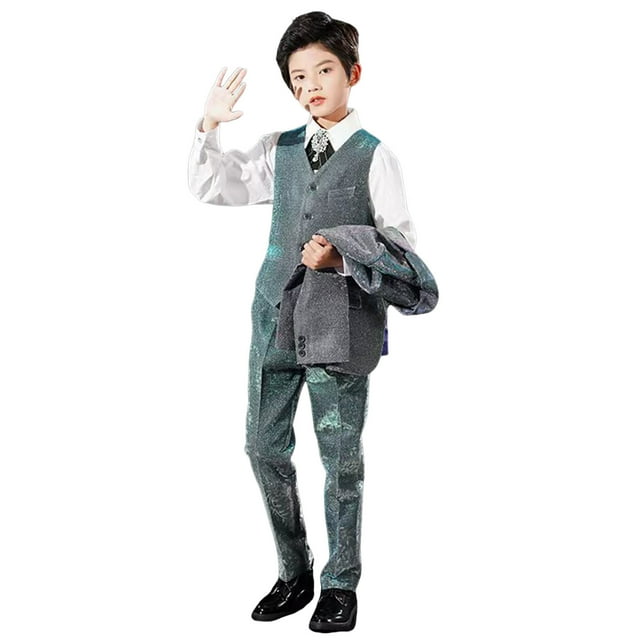 WEIYLL Ensembles Garçons Tenues Smoking Coupe Ajustée Formel Mariage Fête Réjouissance Brillant 4 Pcs Pantalon Veste Complets Verts 5-6 Ans