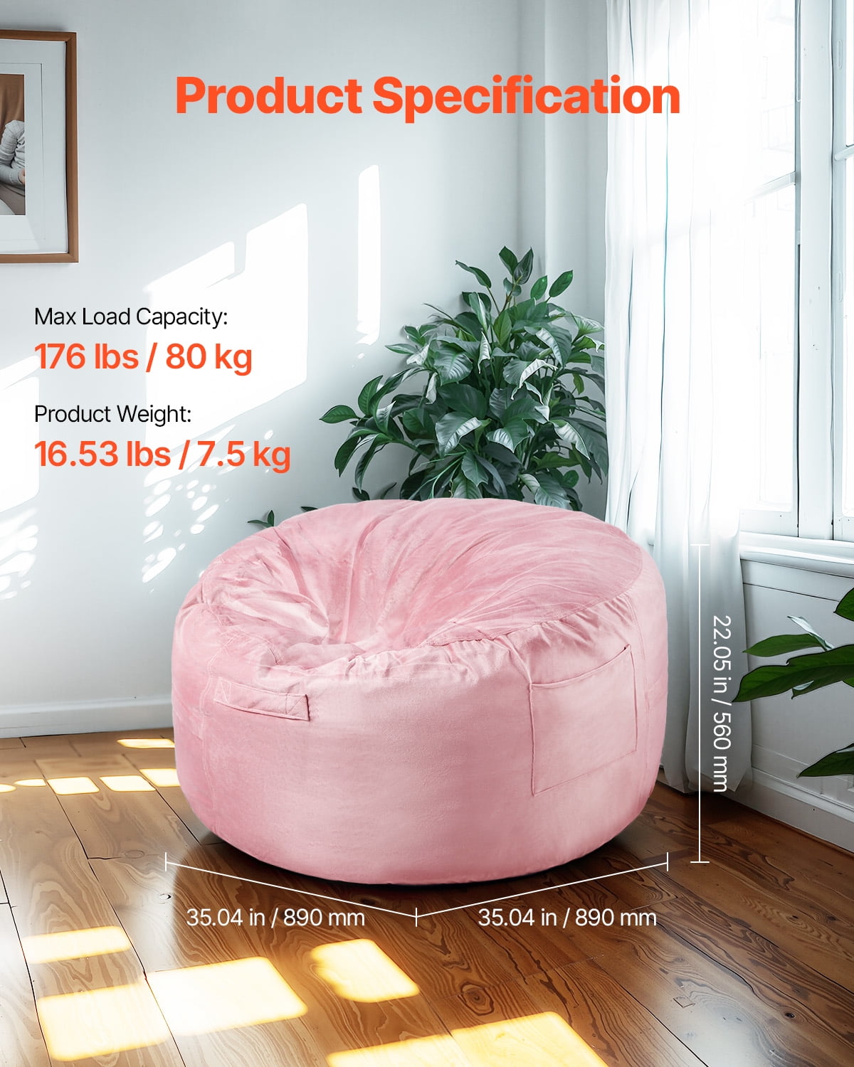 KFFKFF Bean Bag Seat, 3-foot Circular Bean Bag with Detachable and Cleanable Cover, 25D Memory Foam Packed with Gentle and Silky Dutch Velvet, Bean Bag for Sleeping Room or Game Room, Rose