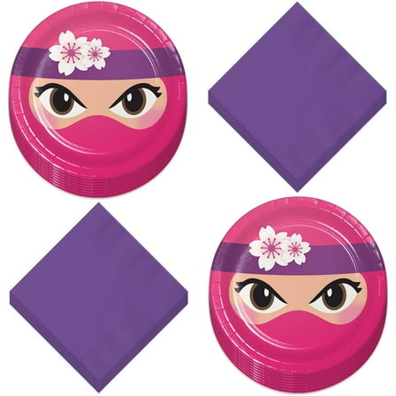 Pink Ninja Party Supplies - Ninja Girl Paper Dessert Plates and Beverage Napkins (Serves 16)