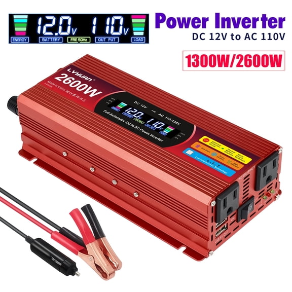 LVYUAN 1300W 2600W Peak Power Inverter DC 12V to AC 110V, Modified Sine Wave Car Inverter with Dual USB (3.1A) & 2 AC Outlets, LCD Display – for Camping, RV, Trucks, Home Emergency