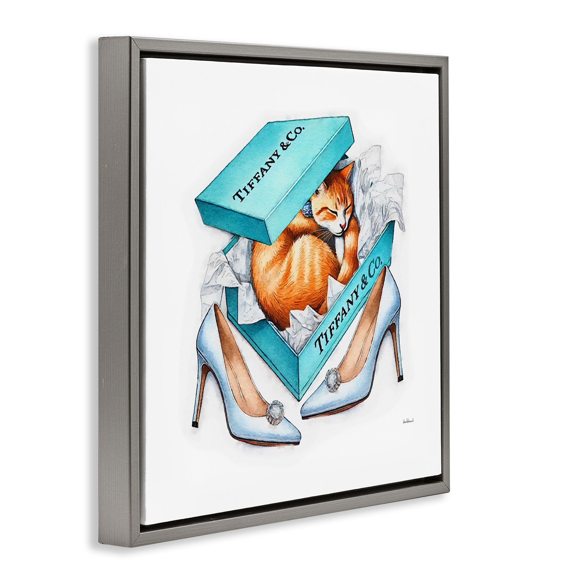 Stupell Industries Blue Shoebox with Cat Animals Painting Gray Floater Framed Canvas Art Print Wall Art, 18 x 18