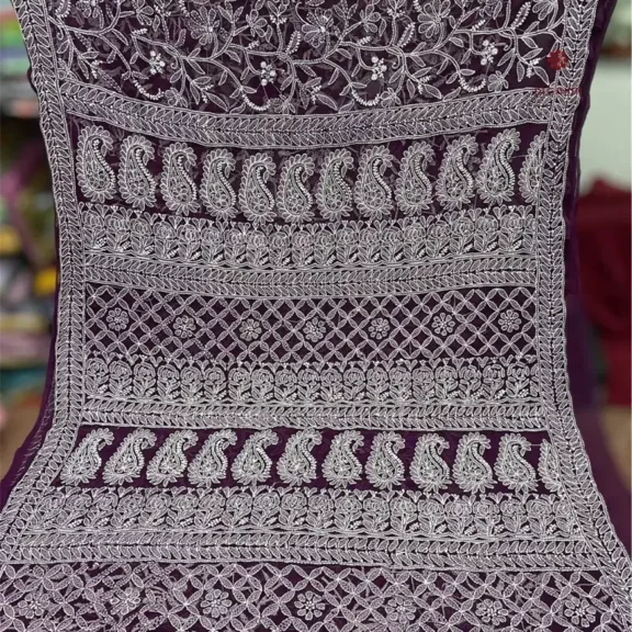 Sangria Purple Chikankari Hand Embroidered Saree