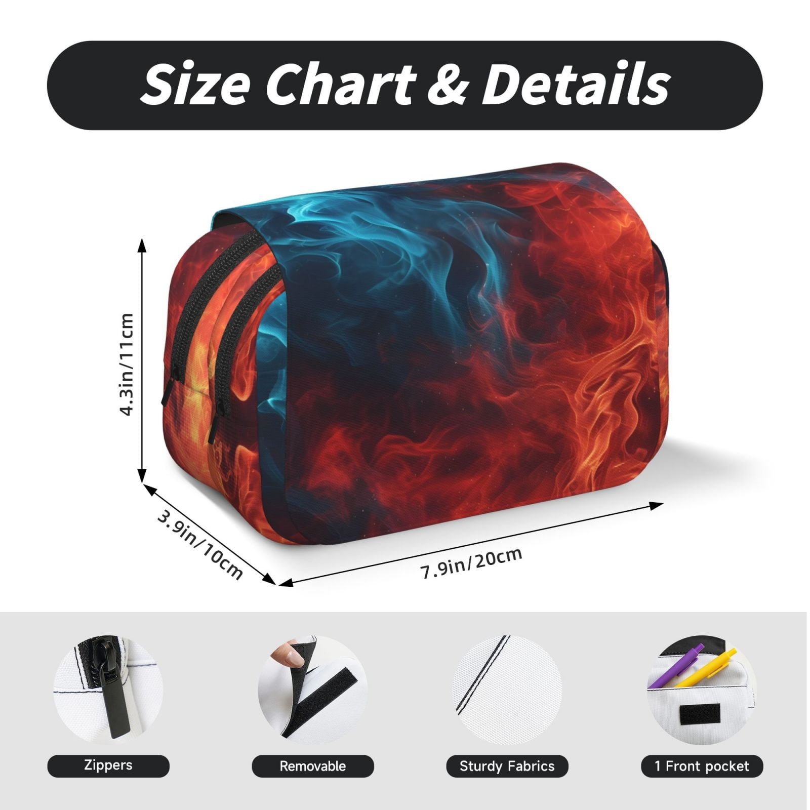 Rateoe Red And Blue Fire Pattern Double Clamshell Pen Case, Storage Organizer with Two Zipper Compartments– Holds Up to 50 Pencils & Pens