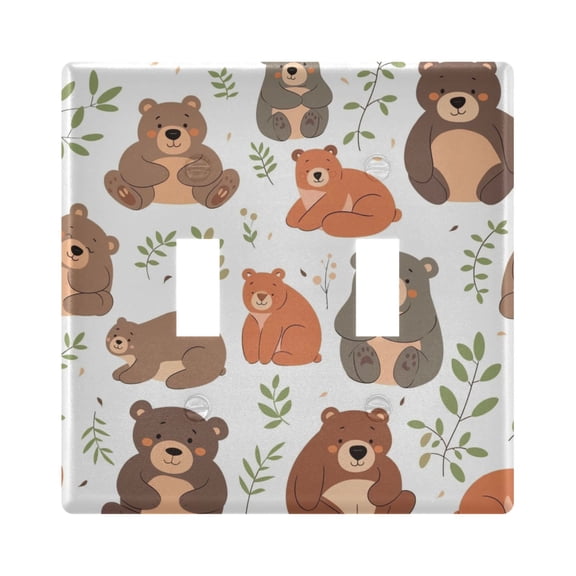 2 Gang Light Switch Cover Plate Cute Bears with Leaf Wall Plate Decorate Electrical Outlet Cover Plates 4.56”x4.48”