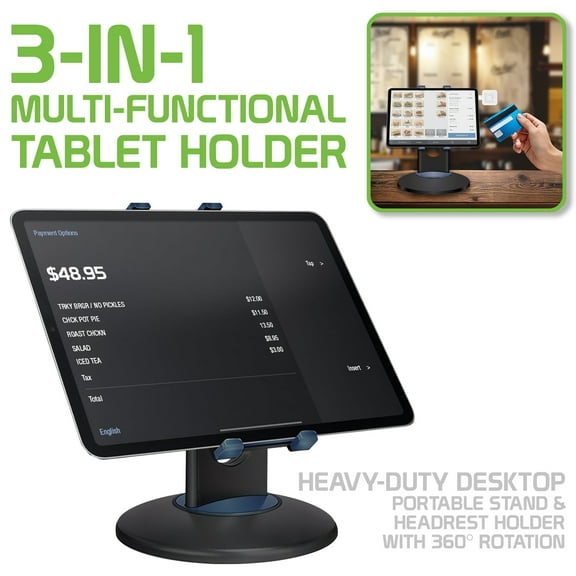 Cellet Multi-Functional 3-in-1 Tablet Holder Combo, Heavy Duty Desktop, Portable Stand and Headrest Holder with 360 Degree Rotation for iPads & Tablets - Black