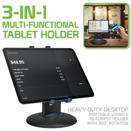 Cellet Multi-Functional 3-in-1 Tablet Holder Combo, Heavy Duty Desktop, Portable Stand and Headrest Holder with 360 Degree Rotation for iPads & Tablets - Black