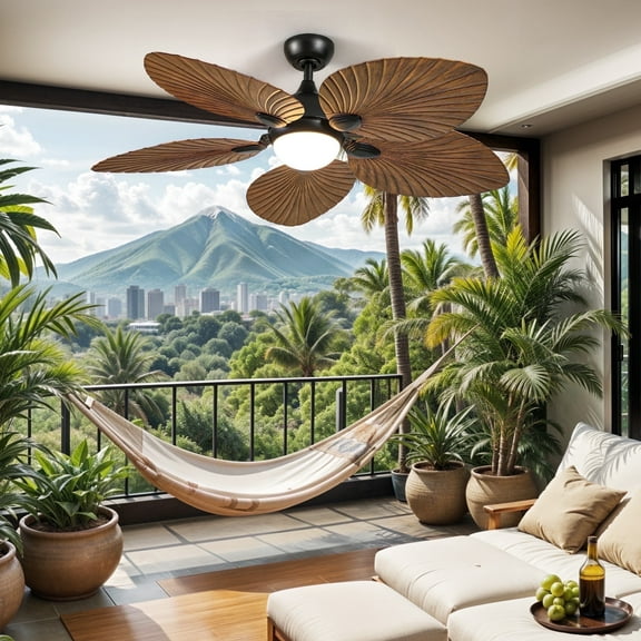 ModFusion 52" Brown Tropical Ceiling Fan with LED Light & Remote – Coastal Palm Leaf Blades, Quiet Reversible DC Motor Indoor/Outdoor
