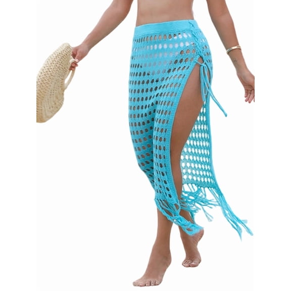 Women'S Swimsuit Cover Up Summer Hollow Out Crochet Maxi Knit Skirts with Tassels Blue M