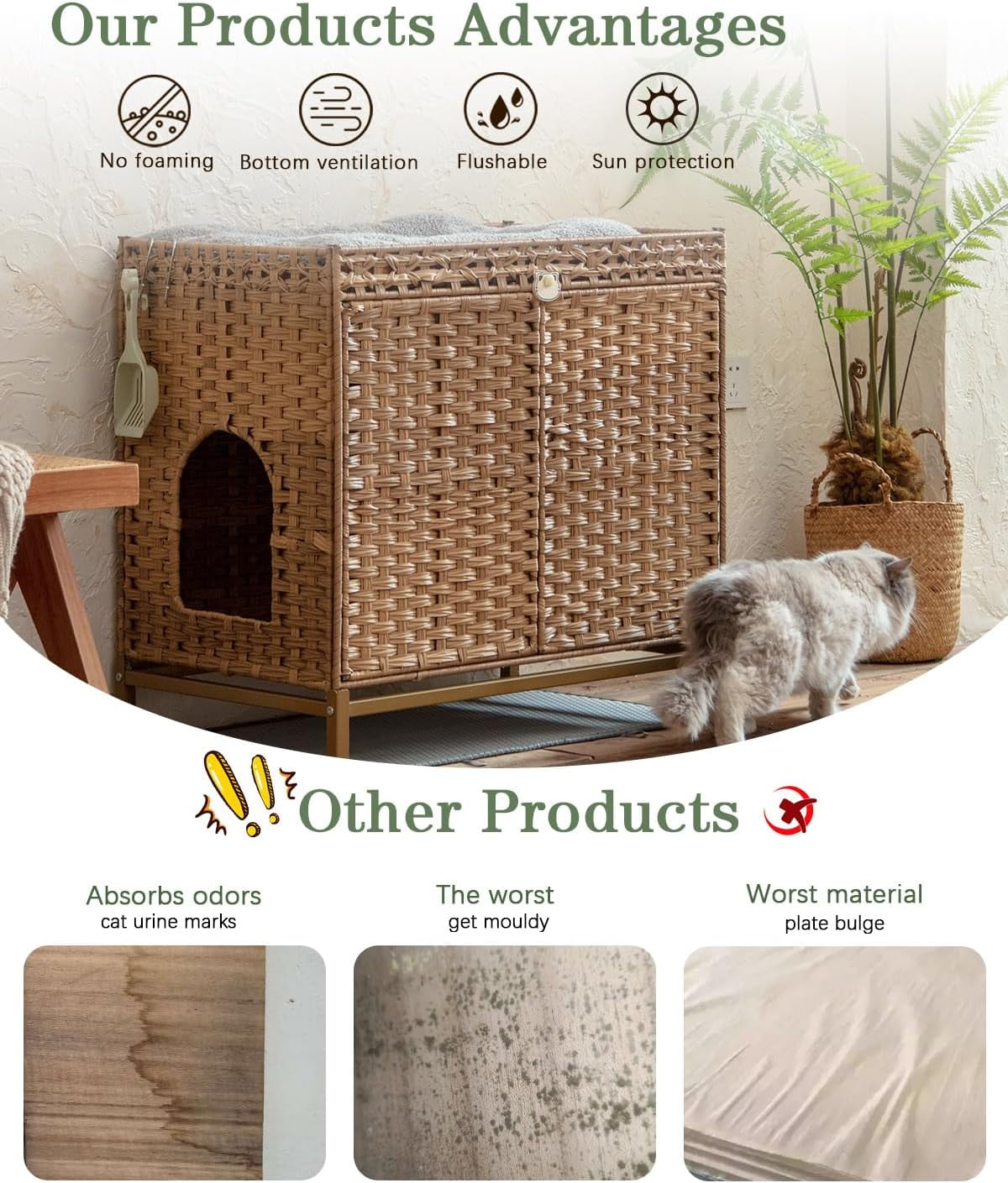 Cat Litter Box Enclosure Furniture, Hidden Handwoven Rattan Litter Box with Mat, Large Cat House with Metal Heightened Feet, 30.3 x 18.3 x 28 Inches, Indoor for Living Room, Bedroom Natural