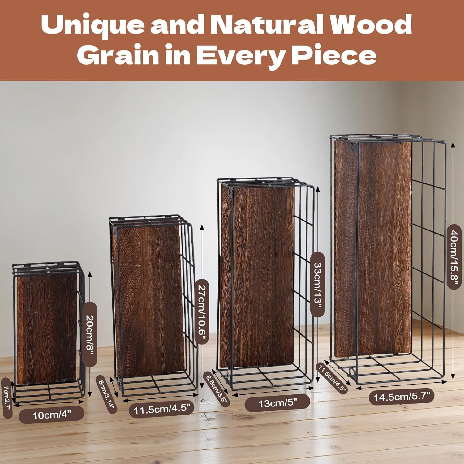 4 Sets of Hanging Floating Shelves, Metal Wire Storage Basket with Wood Bottoms, Hanging Storage Wall Shelf, Wall Mounted Shelves for Home Bathroom Living Room Bedroom Kitchen