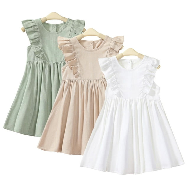 KYAIGUO Robes en Coton et Lin à Volants pour Bébés Filles Été Sans Manches Robe Décontractée Robe d'Été Couleur Unie Lin Coton pour 2-6 Ans