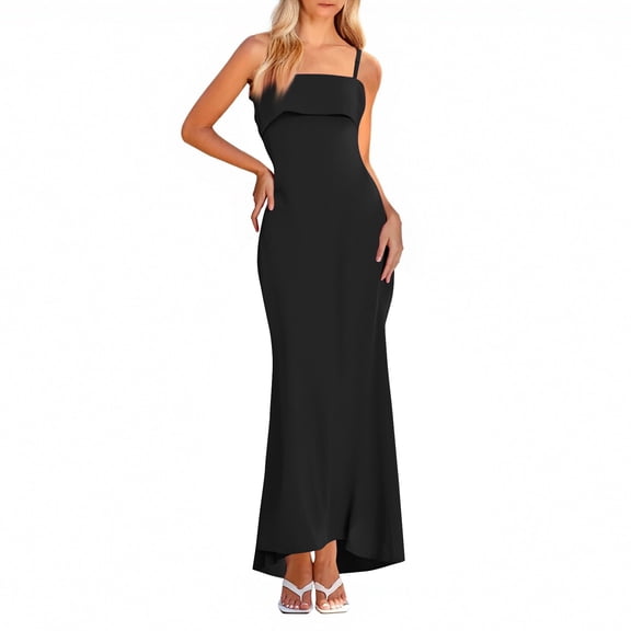Women's Square Neck Spaghetti Strap Maxi Dress Backless Cutout Bodycon Long Dress for Party Graduation Evening