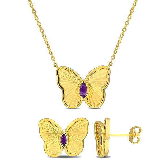 Everly Women's 1/4ct TGW Amethyst Yellow Silver Butterfly Stud Earrings and Necklace Set - 17 in