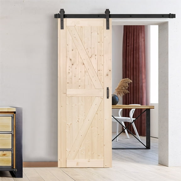 Diddaport 28 x 84 inch Sliding Barn Door , K Style DIY Unfinished Solid Spruce Wood Barn Door, With 5ft Sliding Hardware Kit & Handle, Double Surface, Natural Brown