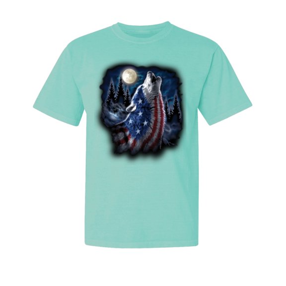 Wild Bobby, American Flag Howling Wolf, Animal Lover, Garment-Dyed Washed Look Short Sleeve T-Shirt, Mint, Large