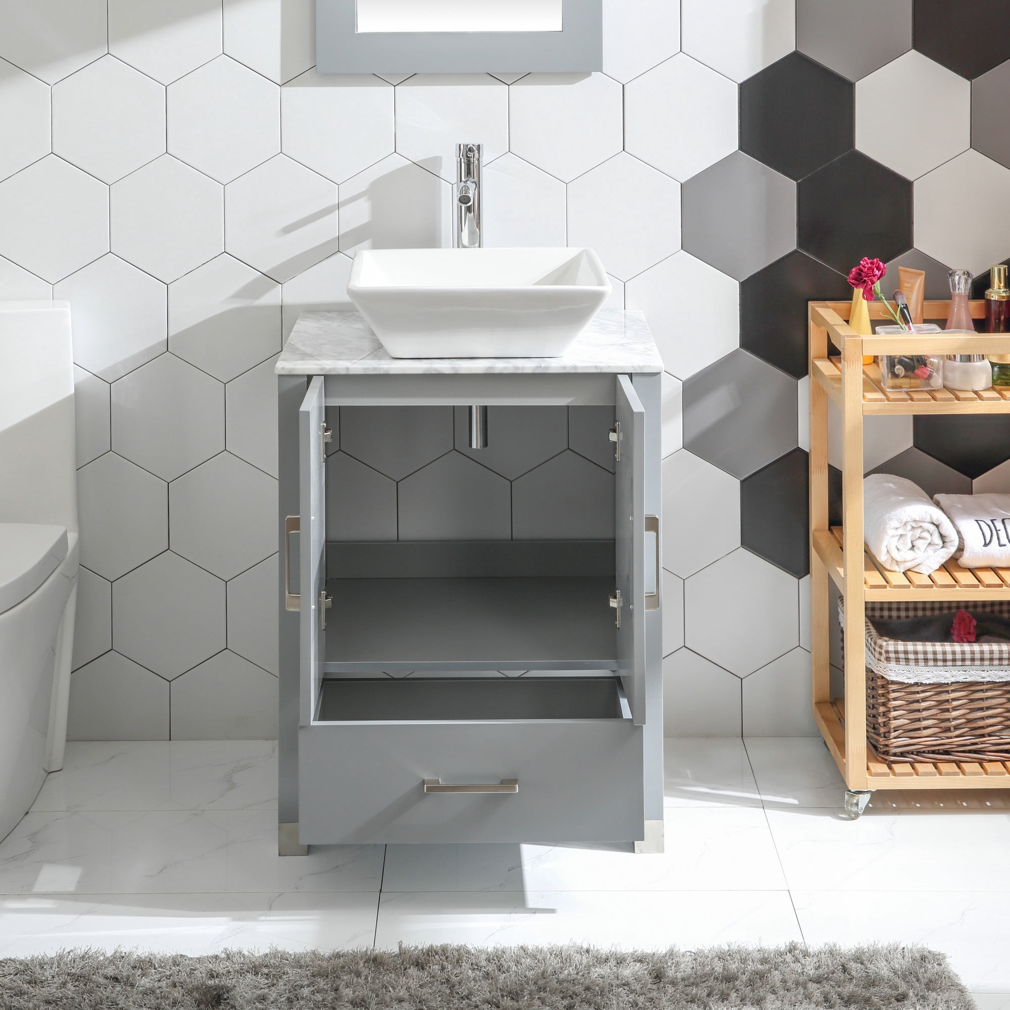 Goodyo 24"  Bathroom Vanity and Sink Combo Solid Wood Structure Marble Pattern Top Mirror, Faucet, Gray