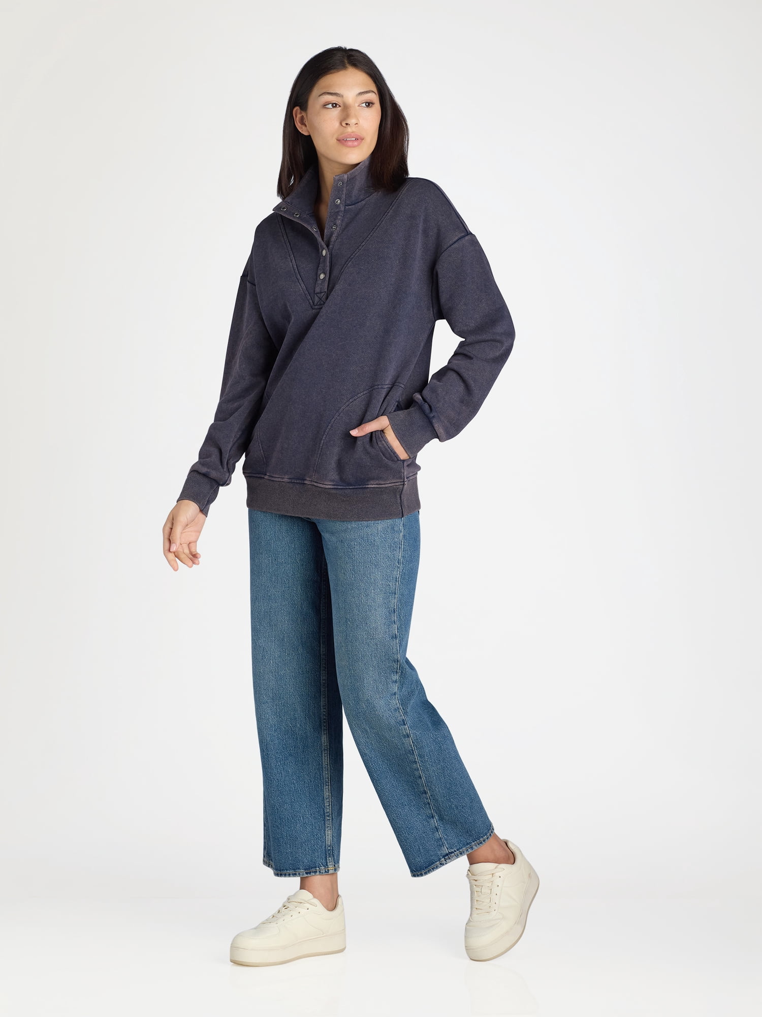 Time and Tru Women's Mock Neck Henley Pullover Sweatshirt, Sizes XS-XXXL