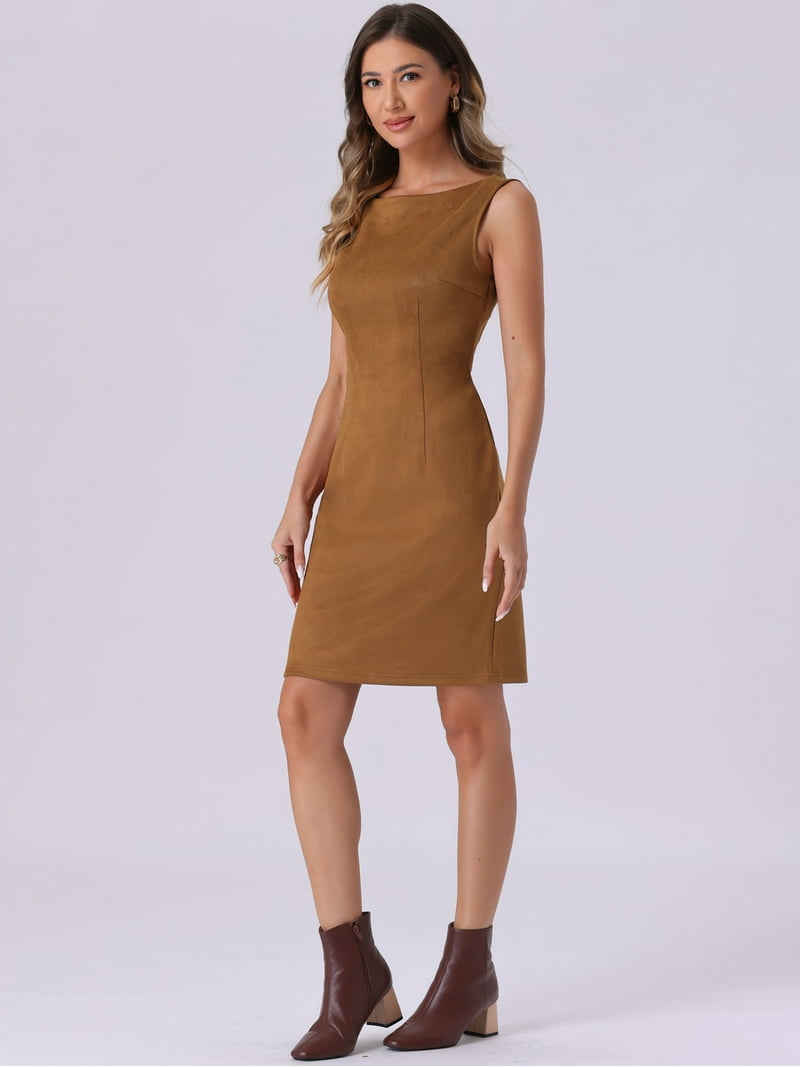 brown suede sleeveless dress Women's Brown Dress Long Sleeve Mini Collar main image 1