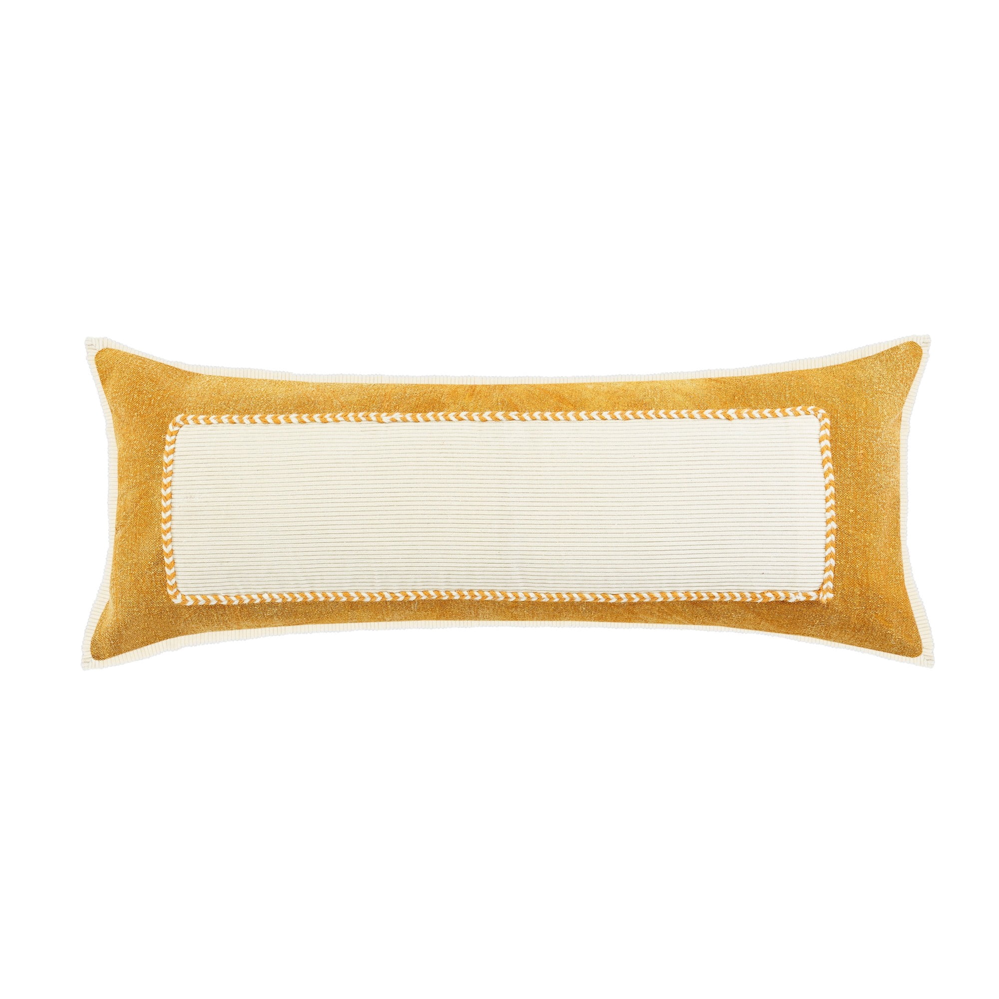 Laddha Home Designs Hand Stitched Geometric Cotton Lumbar Pillow Cover - 36" - Yellow and White