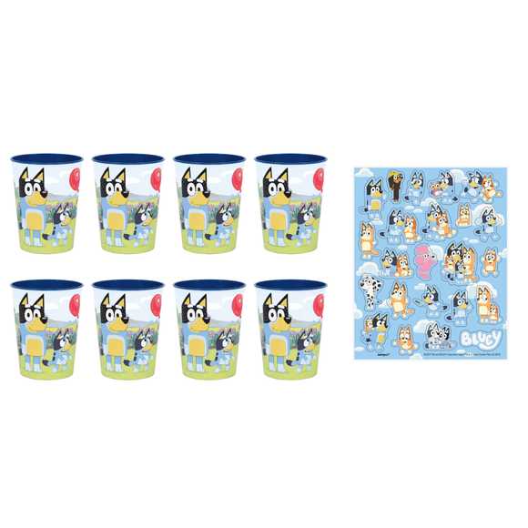 Bluey Birthday Party Supplies Bundle – Unbeatable Value with 8 Plastic Cups & 4 Sticker Packs – Official Licensed Product – Perfect for Festive Celebrations, Total of 100 Items!