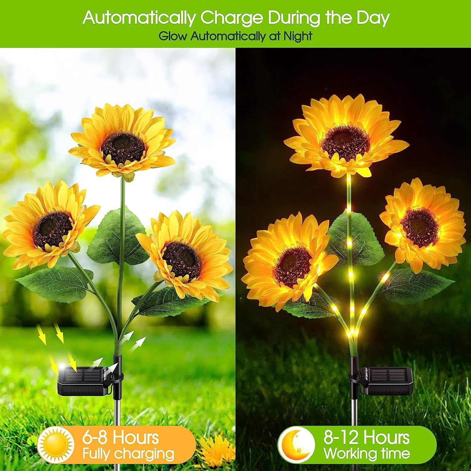 Solar Lights Outdoor Garden Decor, 2Pack Solar Garden Lights with 6 Sunflower & Luminous Stems, Waterproof Solar Outdoor Lights Auto ON/Off Solar Decorative Lights for Garden, Patio, Backyard