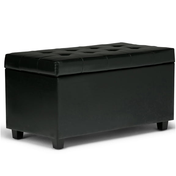 Midnight Black Faux Leather Storage Ottoman Bench with Tufted Upholstery and Safety Hinge