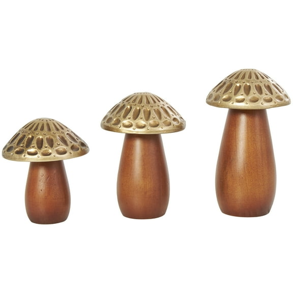 7", 6", 5"H Brown Wood Mushroom Sculpture with Gold Tops and Groove Patterns, by DecMode (3 Count)