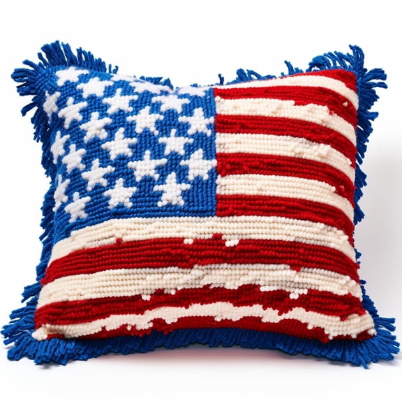 Latch Hook kits Pillow USA Flag Red and Blue Printed Canvas Cushion Crochet Yarn Needlework DIY Hook Latch Kit Embroidery Pillowcase Rug Cover Home Sofa Christmas Decoration 43x43cm(1)