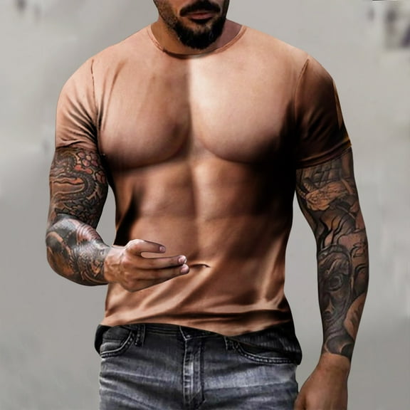 Awdenio Mens T-shirt Casual Muscle Print Outdoor Daily Vacation Short Sleeve Crew Neck Shirt Spring Summer Clothing Apparel Comfort for Summer Outdoor Adventures,Khaki,3XL